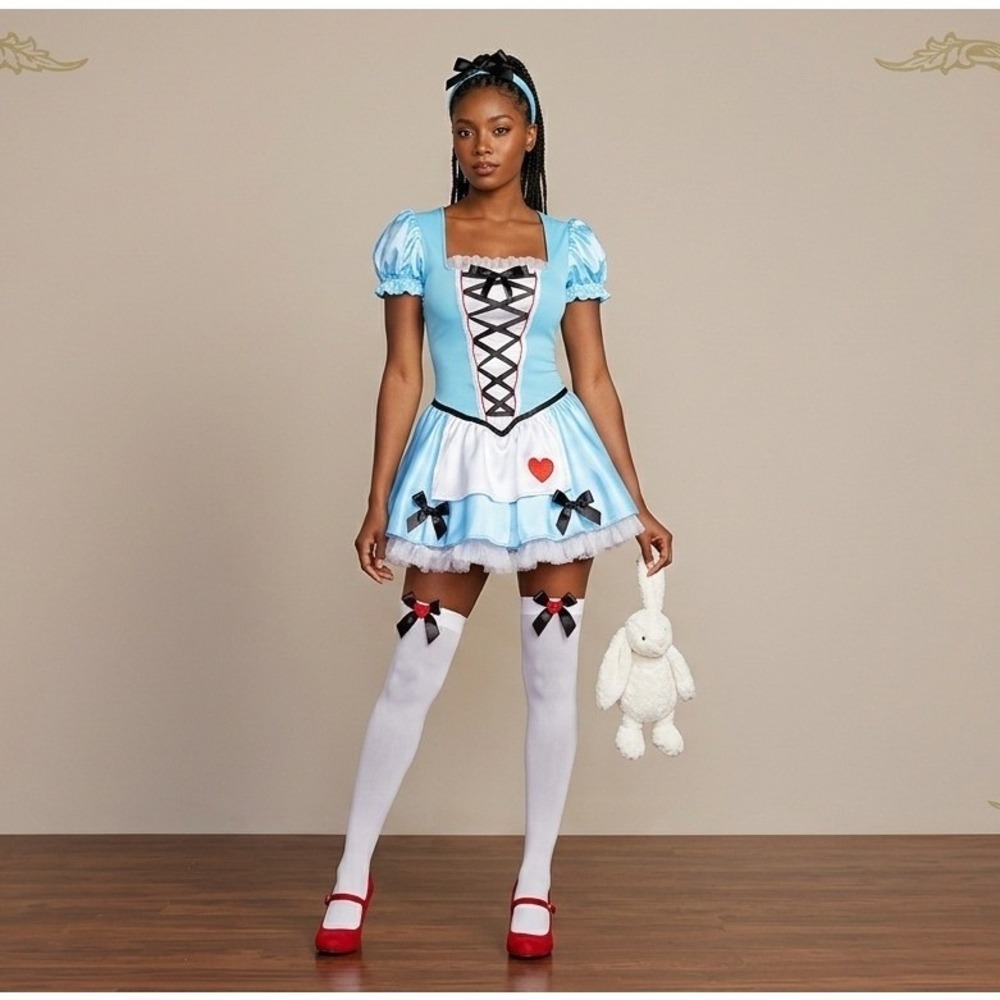 Wonderful Alice Costume Women Set Blue Satin Dress Headband Thigh Highs Adult M